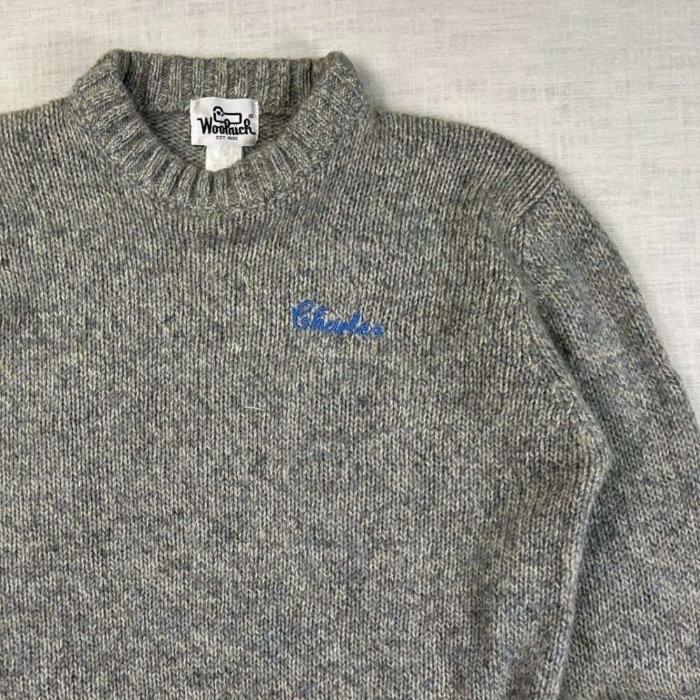 VTG Woolrich CHARLES Name Sweater Men's Medium Gray Wool Blend Crewneck Knit EUC